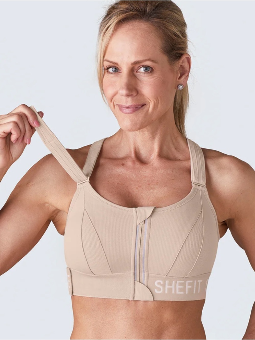 SHEFIT Nude Front-Zip High Support Sports Bra 3 Luxe